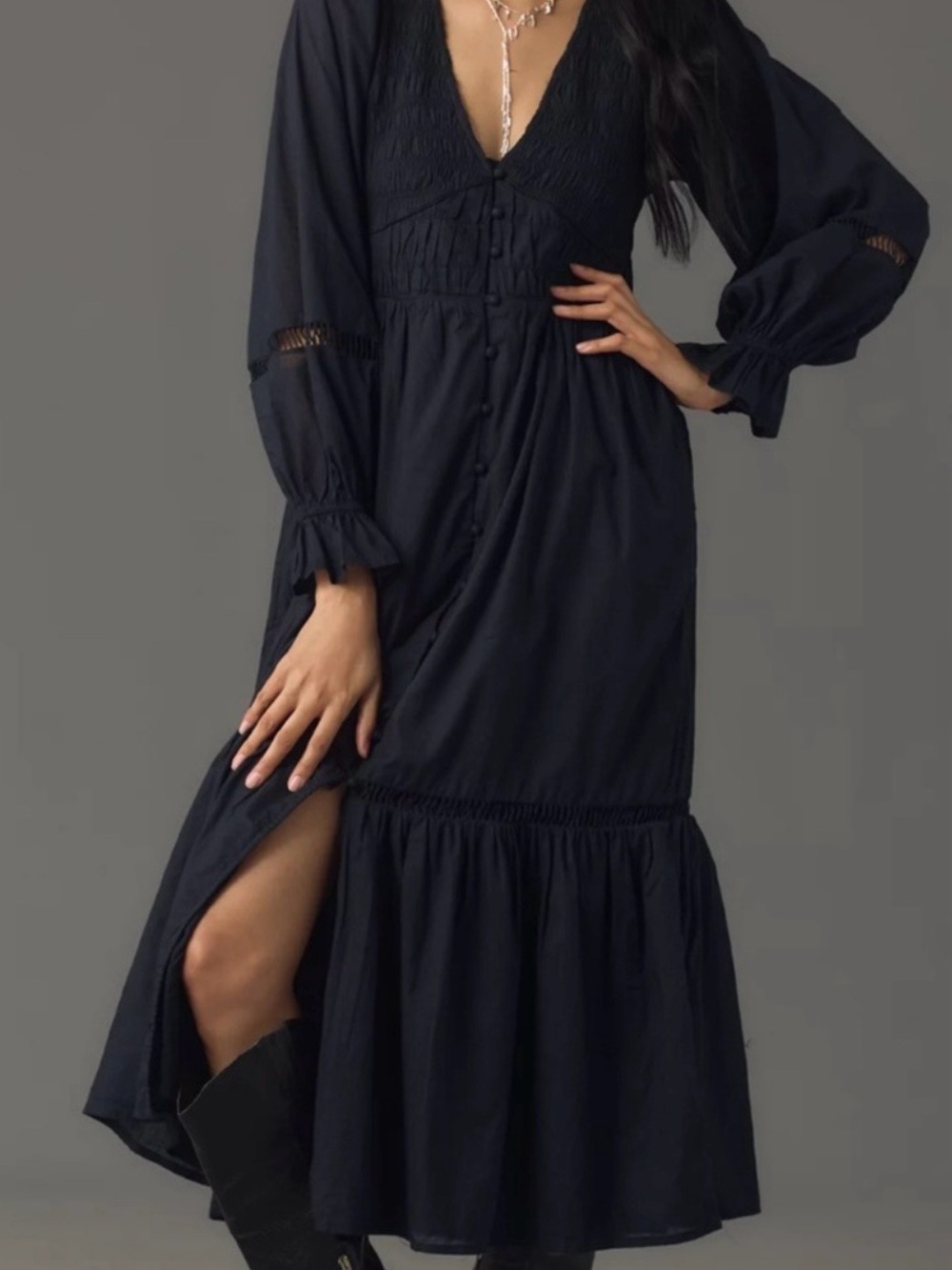 Anthropologie Black Long Sleeve Smocked Maxi Dress
